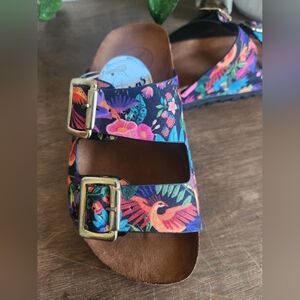 inkkas Black Floral Tropical Double Buckle Sandals
